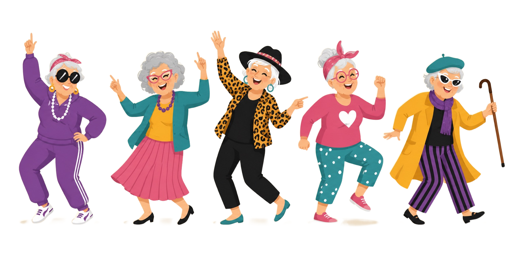 Five senior women laughing and dancing together