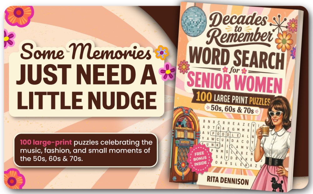 The Decades to Remember cover, featuring a 1960s-styled woman and a completed word search puzzle