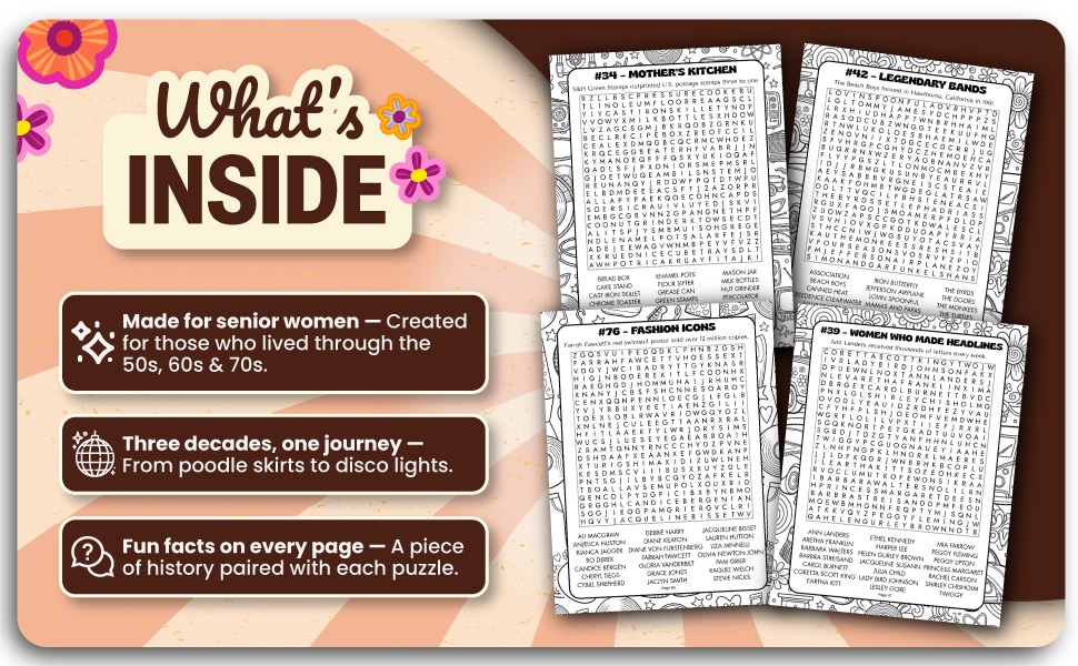 A collage of four sample puzzle pages from inside the book, themed around Mother's Kitchen, Legendary Bands, Fashion Icons, and Women Who Made Headlines