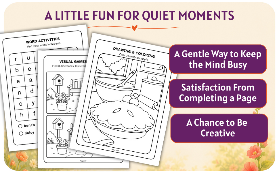 Sample word activities, visual games, and coloring pages for quiet moments.