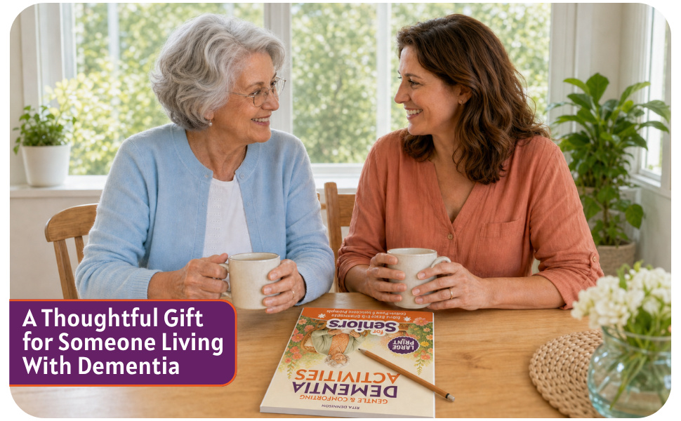 Two women sharing a conversation over tea, with the updated Dementia Activities book on the table.