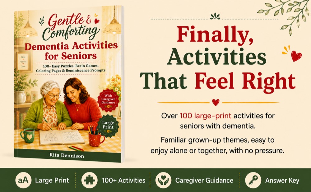 The Gentle & Comforting Dementia Activities cover, showing an older woman and a caregiver doing an activity together at a table