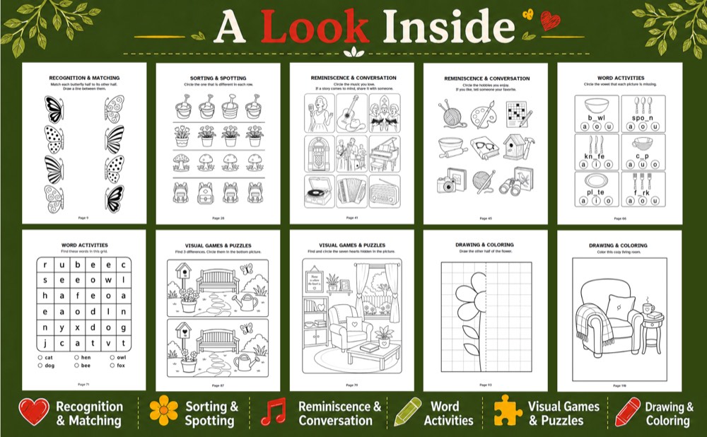 A collage of sample pages labeled Recognition & Matching, Sorting & Spotting, Reminiscence & Conversation, Word Activities, Visual Games & Puzzles, and Drawing & Coloring