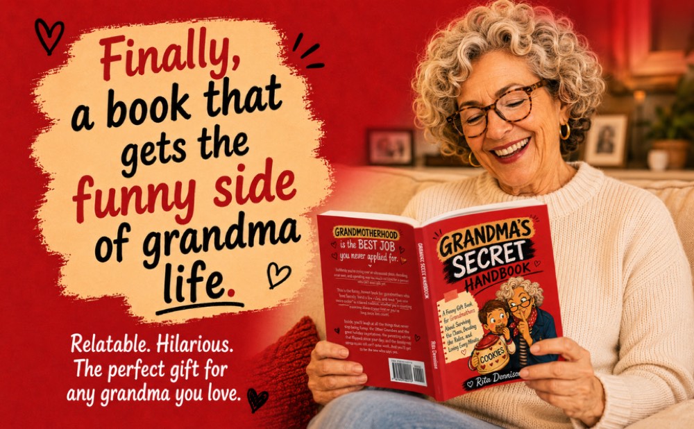 Promotional graphic: a grandmother laughing while reading Grandma's Secret Handbook, captioned 'Finally, a book that gets the funny side of grandma life.'