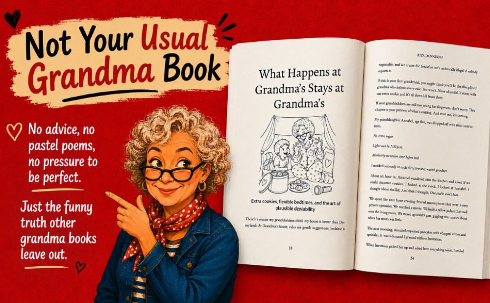 An open spread of the book showing the chapter 'What Happens at Grandma's Stays at Grandma's,' beside a cartoon of a grandmother and grandchild
