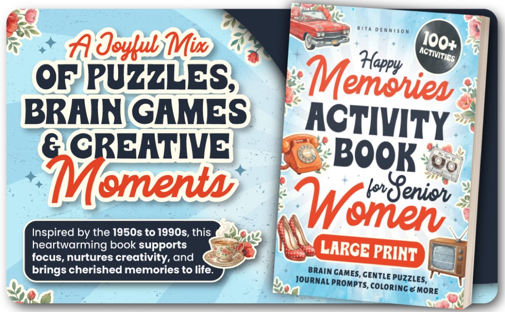 The Happy Memories Activity Book cover, showing a rotary phone, cassette tape, and other nostalgic keepsakes