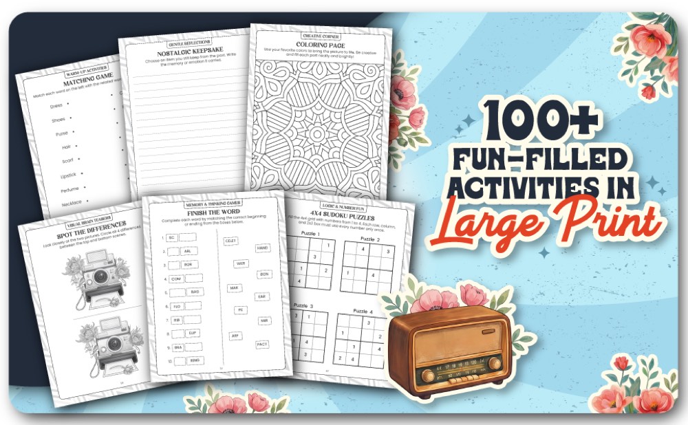 A collage of sample pages: a matching game, a coloring page, a spot-the-difference puzzle, and a fill-in-the-word puzzle