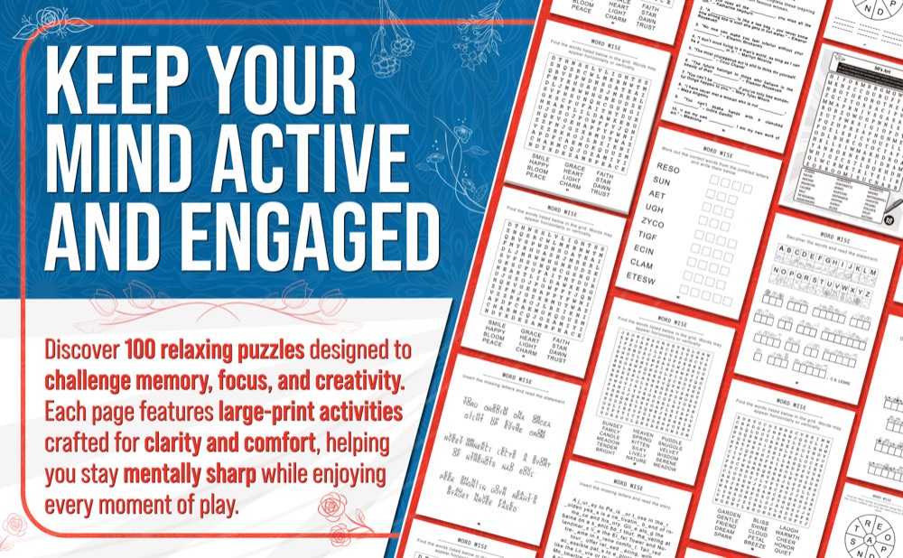 A collage of large-print Word Wise puzzle pages, including word searches and coded-word puzzles