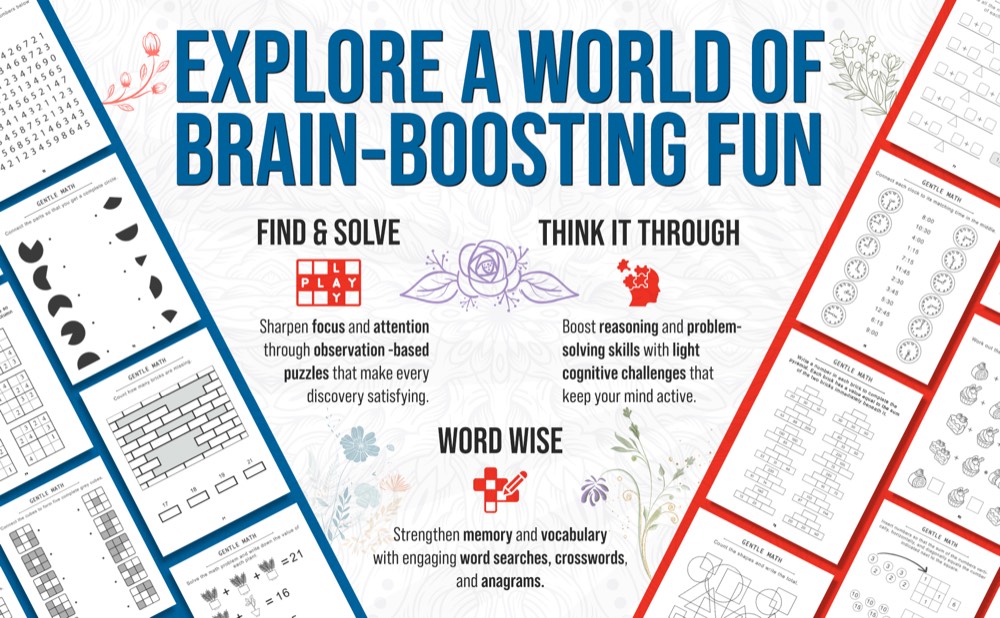 Sample Find & Solve, Think It Through, and Gentle Math puzzle pages